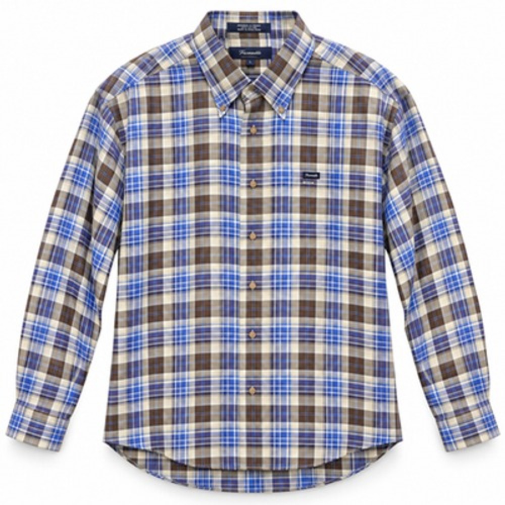 Faconnable Shirt Mens Large Blue Brown Plaid Cotton Long Sleeve Button Down